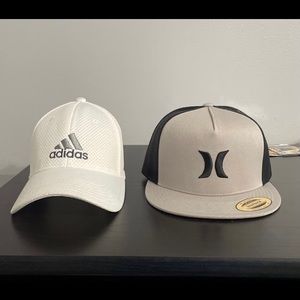 White adidas hat(one size)| Black and gray Hurley hat(snap back)